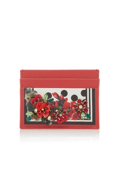 Dolce & Gabbana Portofino Embellished Printed Textured-leather Cardholder In Red