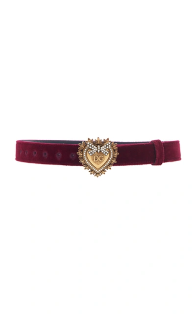 Dolce & Gabbana Devotion Logo Heart Buckle Velvet Belt In Red