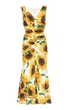 DOLCE & GABBANA RUCHED FLORAL-PRINT SILK MIDI DRESS,724360