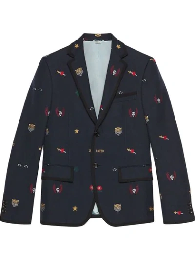 Gucci Men's Embroidered Emblems Cotton Two-button Blazer In Blue