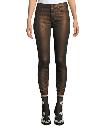 7 For All Mankind Metallic Mid-rise Skinny Ankle Jeans In Gunmetal