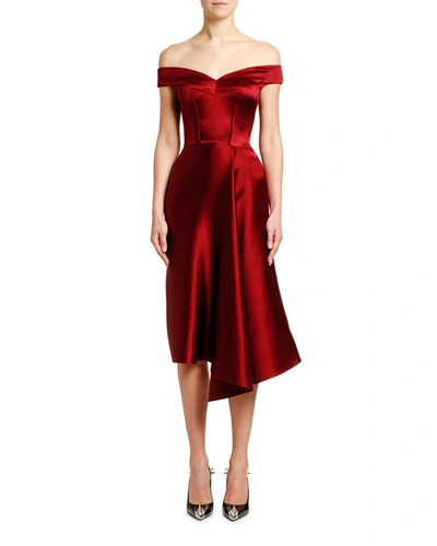 Alexander Mcqueen Off-the-shoulder Draped Duchess Satin Dress In Ruby Red