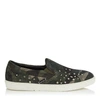 JIMMY CHOO GROVE Printed Army Camo Distressed Suede Slip On Trainers with Silver Mixed Metal Studs,GROVEDOX S