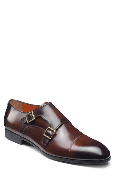 Santoni Double Monk-strap Leather Shoes In Dark Brown