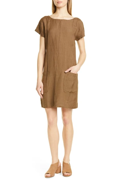 Eileen Fisher Bateau Neck Linen Blend Shift Dress In Pine Needle