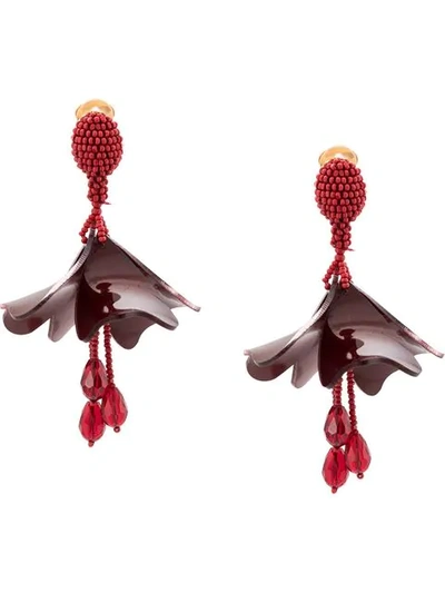 Oscar De La Renta Small Impatiens Beaded Drop Clip-on Earrings In Cranberry