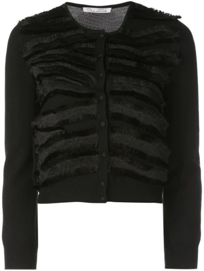 Oscar De La Renta Frayed Satin-jacquard Cardigan In Black