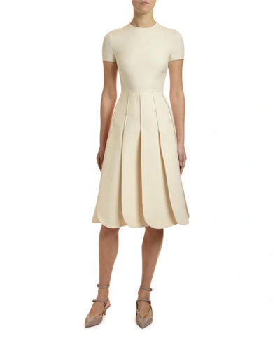Valentino Pleated Wool And Silk-blend Grain De Poudre Midi Dress In Ivory