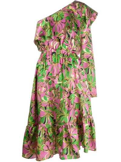 La Doublej Boogie Floral-print Ruffle One-shoulder Silk Dress In Pink