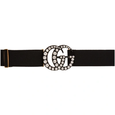 Gucci Elastic Belt With Crystal Double G Buckle In Black