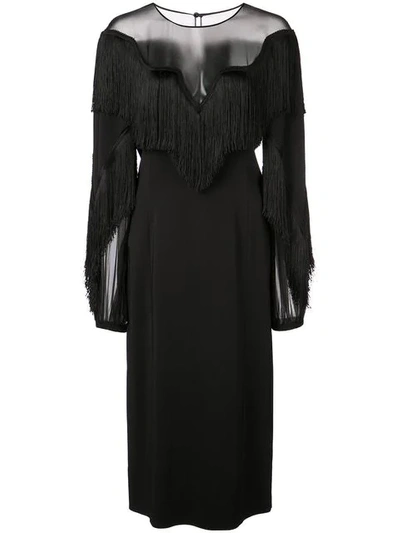 Alberta Ferretti Long Sleeve Fringe Dress In Black