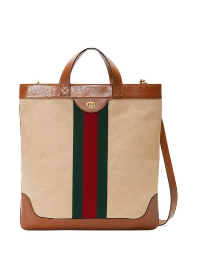Gucci Web-stripe Canvas And Leather Tote Bag In Neutral