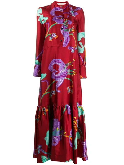 La Doublej Printed Silk Maxi Shirt Dress In Maneater Rosso