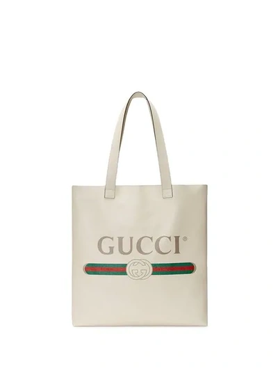 Gucci White Logo Print Leather Tote Bag