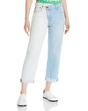 ALICE AND OLIVIA ALICE + OLIVIA AMAZING ASYMMETRIC TWO-TONE SLIM STRAIGHT-LEG JEANS IN SPRING PERSONALITY,CD169200SPP