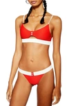 Topshop Button Ribbed Tanga Bikini Bottoms In Red