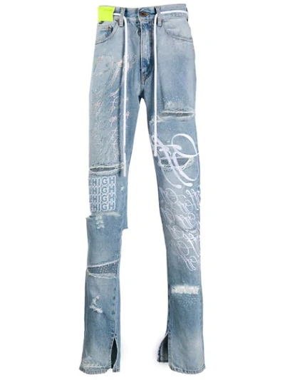 Off-white Ev Bravado Slim-fit Crystal-embellished Embroidered Distressed Denim Jeans In Blue
