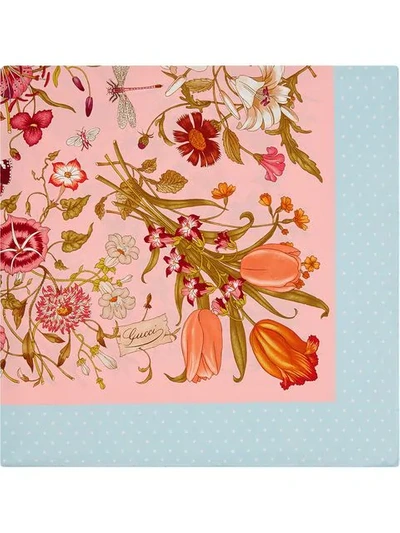 Gucci Floral & Star Print Silk Twill Scarf In Pink