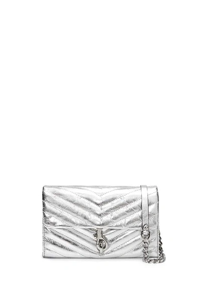 Rebecca Minkoff Edie Metallic Quilted Wallet On Chain In Silver/silver