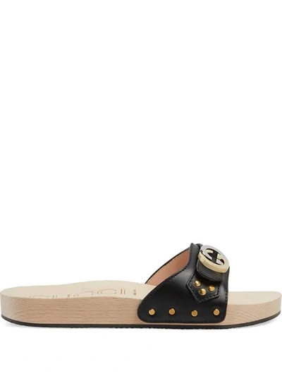 Gucci Leather Slide Sandal With Interlocking G In Black Leather