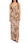 Adrianna Papell Metallic Floral-print Gown In Slate/ Blush Multi