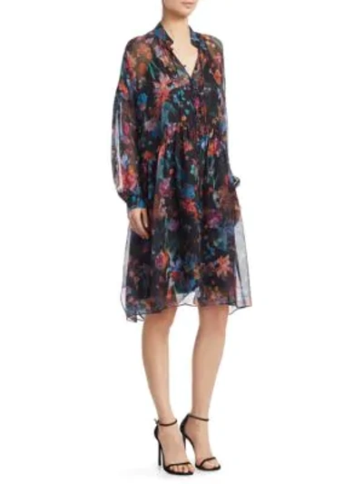 Iro Silk Floral Shirtdress In Black Blue