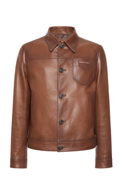 Prada Logo-print Leather Jacket In Brown