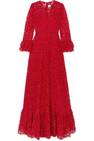 Valentino Flare-cuffed Heavy Lace Gown In Red