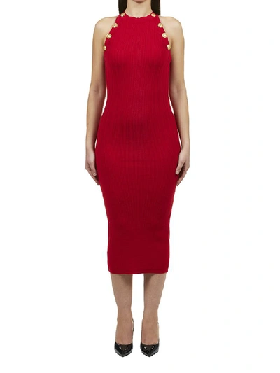 Balmain Halterneck Ribbed Wool Blend Dress In Red