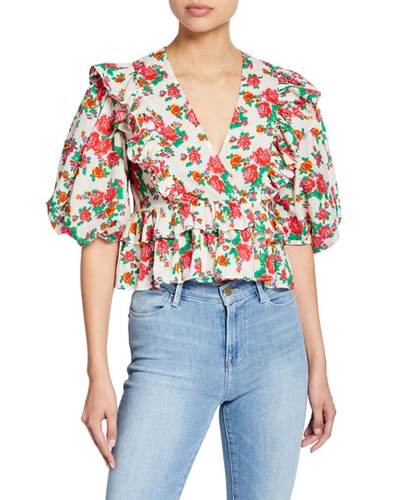 Rhode Elodie Cropped Ruffled Floral-print Cotton-voile Blouse