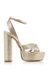 AQUAZZURA WOMEN'S SUNDANCE PLATEAU METALLIC LEATHER PLATFORM SANDALS,719540