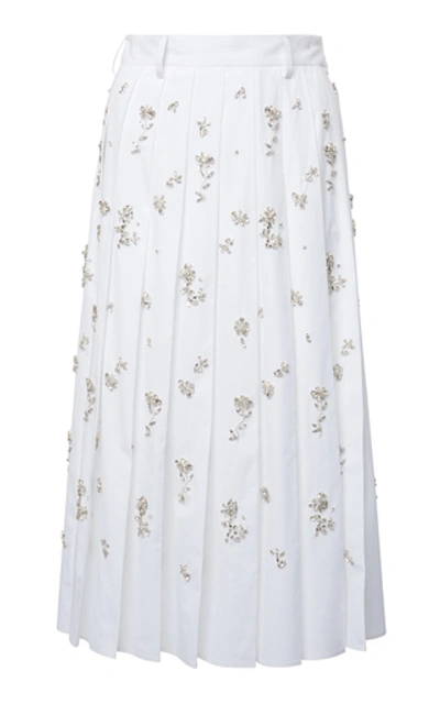 Prada Crystal-embellished Pleated Poplin Skirt In Weiss