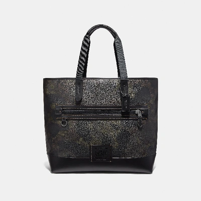 Coach Academy Tote In Signature Canvas With Patch In Charcoal/black Copper