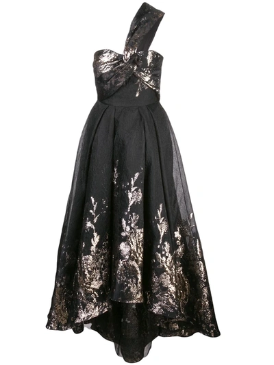 Marchesa Notte One Shoulder Hi-low Midi-tea Dress In Black