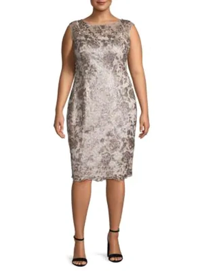 Adrianna Papell Plus Sequined Floral Lace Sheath Dress In Light Brown