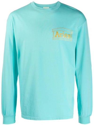 Aries Temple-logo Long-sleeved Cotton T-shirt In Blue
