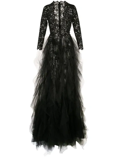Oscar De La Renta Lace-bodice Plunging V-neck Tulle-skirt Gown In Black