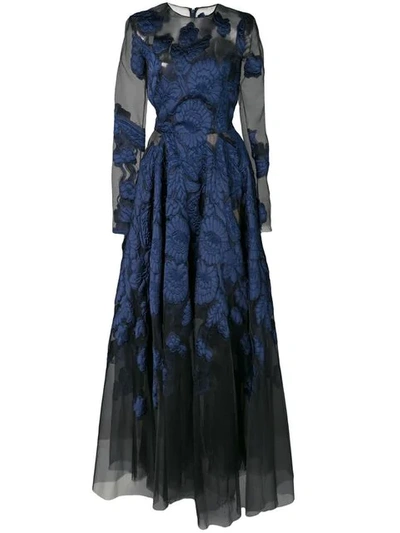 Oscar De La Renta Floral Embroidered And Mesh Gown In Marine/black