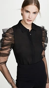 CUSHNIE BUTTON DOWN BLOUSE WITH PLEATED SLEEVES
