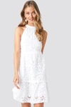 NA-KD HIGH NECK ANGLAISE DRESS - WHITE