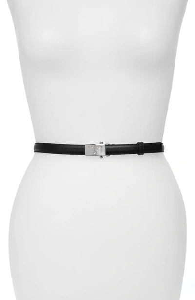 Prada Logo Buckle Saffiano Leather Skinny Belt In Black