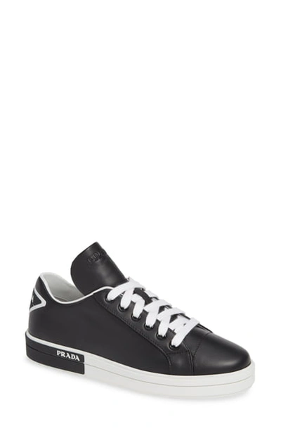 Prada Leather Low-top Sneakers With Two-tone Heel In Black/white