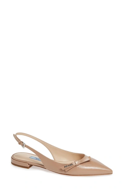 Prada Glossed Textured-leather Slingback Flats In Cammeo