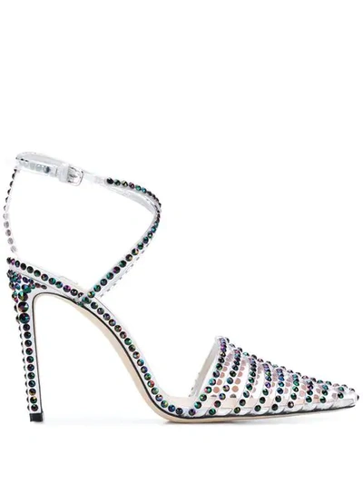 Jimmy Choo Tamai 100 Clear Plexi Heels With Horizontal Straps And Petrol Hotfix Crystals In Clear/petrol