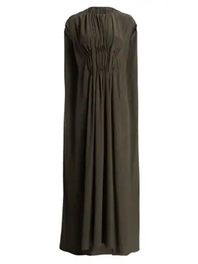 The Row Antonia Ruched Compact Crepe Cape Gown In Dark Forest