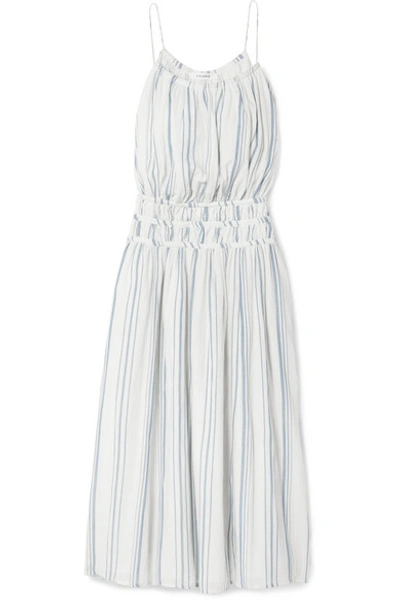 Frame Shirred Striped Cotton-voile Midi Dress In White