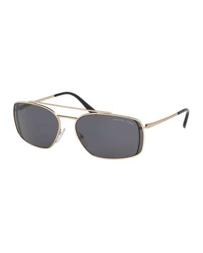 Prada Men's Metal Double-bridge Rectangle Sunglasses In Gold
