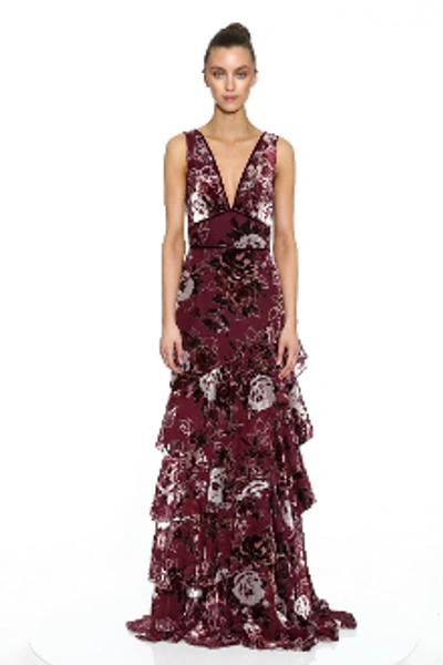 Marchesa Notte Sleeveless Tiered Chiffon Evening Gown In Wine