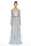 MARCHESA NOTTE LONG SLEEVE METALLIC EMBROIDERED GOWN,MN19HG1075-9