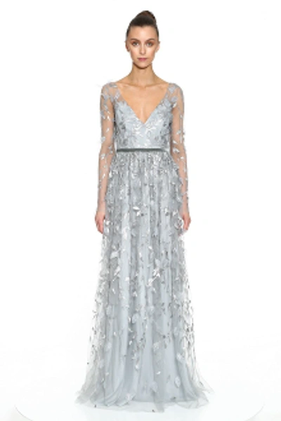 Marchesa Notte Leaf Embroidered Long Sleeve Tulle Gown In Silver